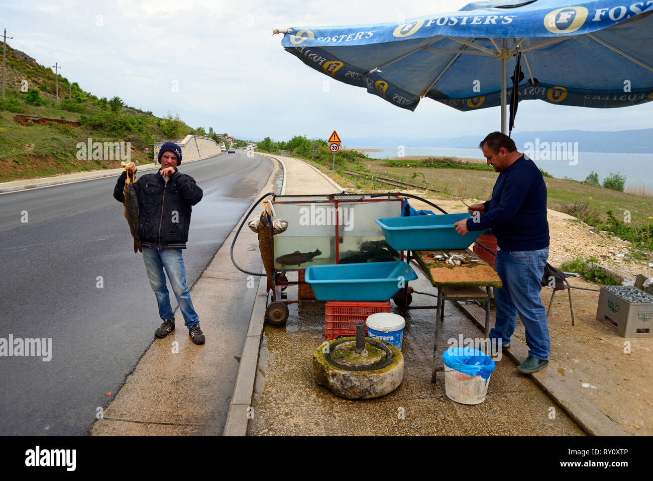 Sale of fish, Lake Ohrid, Korca region, Albania, Korça Stock Photo
