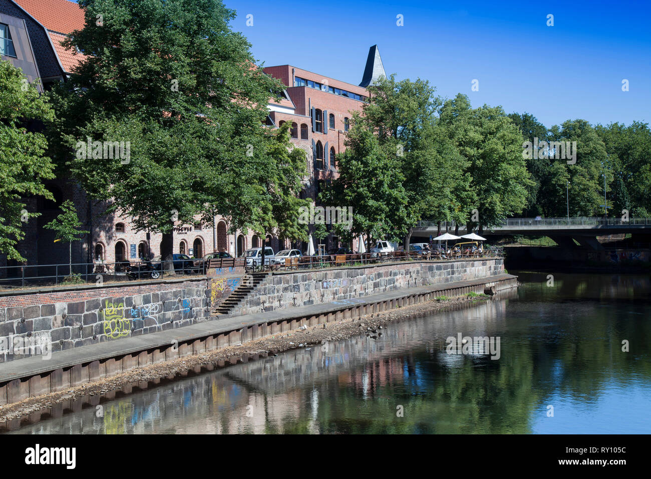 Waterfront at the Ilmenau, old town of Luneburg, Germany Stock Photo