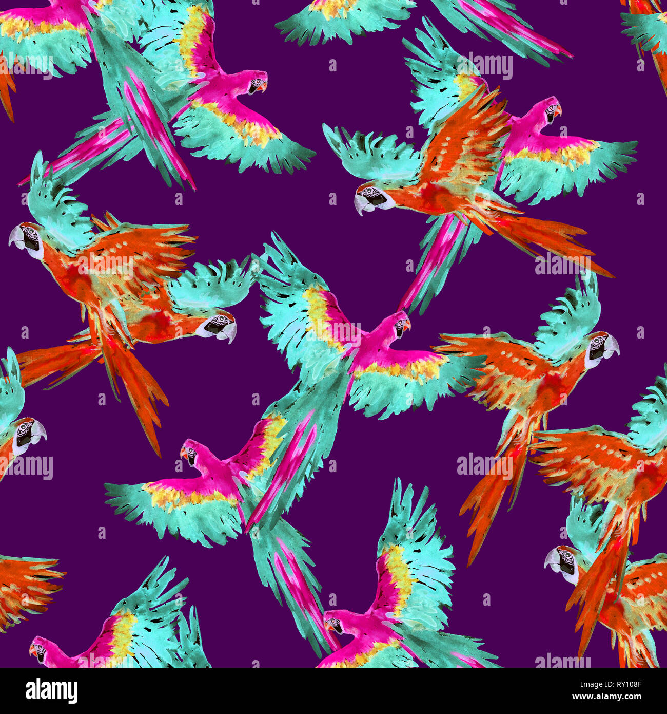 Blue and yellow and Scarlet macaw flying, seamless pattern design, hand painted watercolor illustration, purple background Stock Photo