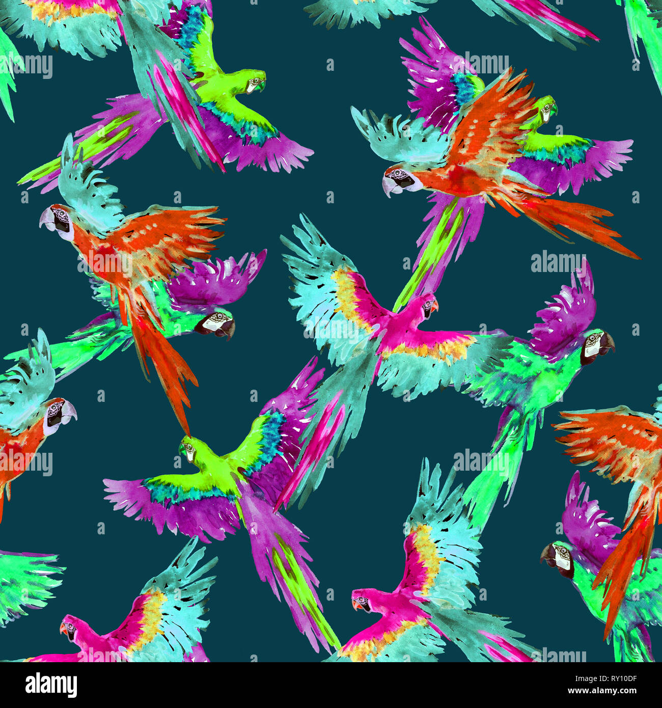 Blue and yellow and Scarlet macaw flying, seamless pattern design, hand painted watercolor illustration, dark green background Stock Photo