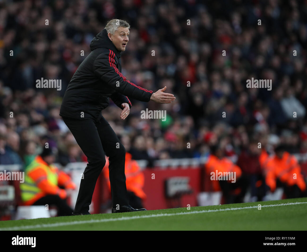 London, UK. 10th Mar, 2019. Ole Gunnar Solskjaer (Man Utd caretaker manager) at the Arsenal v Manchester United English Premier League football match at The Emirates Stadium, London, on March 10, 2019. **Editorial use only, license required for commercial use. No use in betting, games or a single club/league/player publications** Credit: Paul Marriott/Alamy Live News Stock Photo