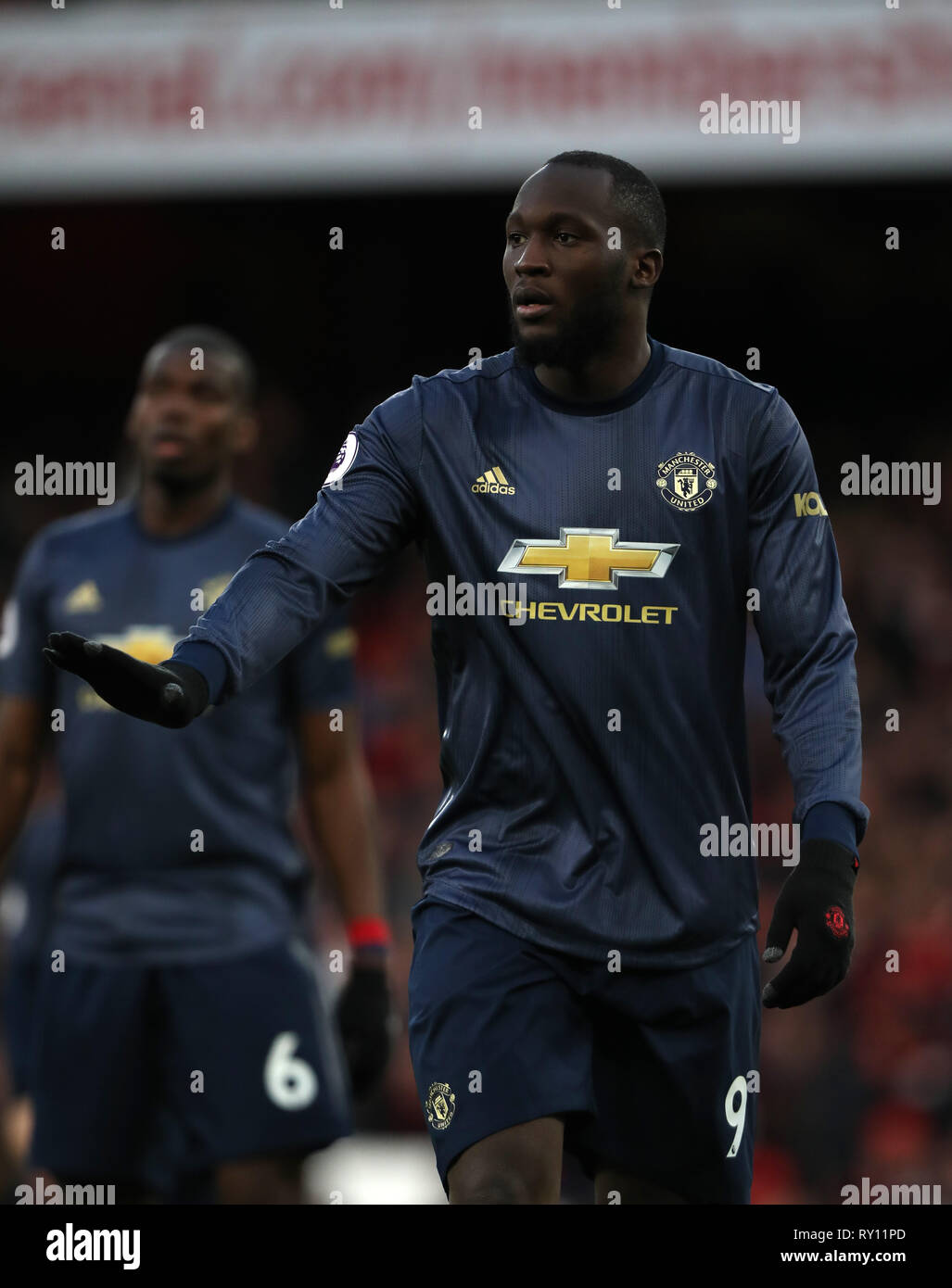 London, UK. 10th Mar, 2019. Romelu Lukaku (MU) at the Arsenal v Manchester United English Premier League football match at The Emirates Stadium, London, on March 10, 2019. **Editorial use only, license required for commercial use. No use in betting, games or a single club/league/player publications** Credit: Paul Marriott/Alamy Live News Stock Photo