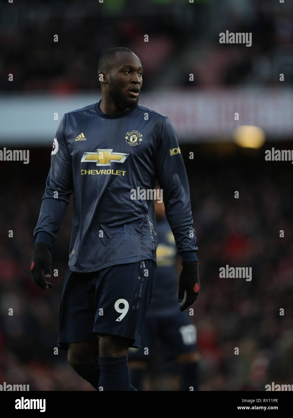 London, UK. 10th Mar, 2019. Romelu Lukaku (MU) at the Arsenal v Manchester United English Premier League football match at The Emirates Stadium, London, on March 10, 2019. **Editorial use only, license required for commercial use. No use in betting, games or a single club/league/player publications** Credit: Paul Marriott/Alamy Live News Stock Photo