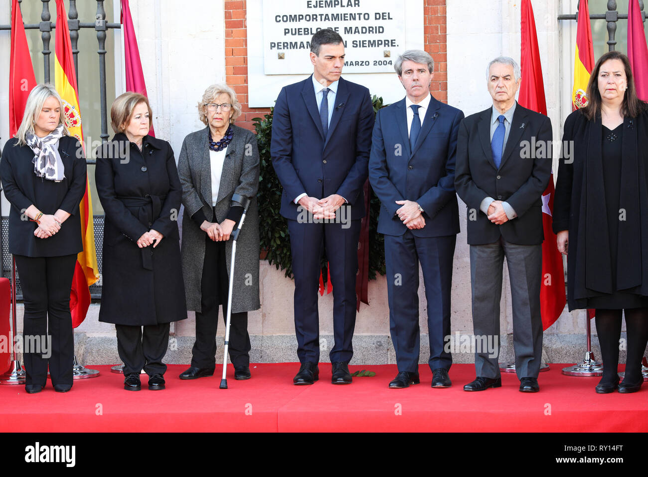 Madrid, Spain. 11th Mar, 2019. Angel Garrido(R), Pedro Sanchez(C), Manuela Carmena(L) and member of the foundations AVT seen attending the floral offering in the event of tribute to the victims of the 11M. Credit: Jesús Hellin/Alamy Live News Stock Photo