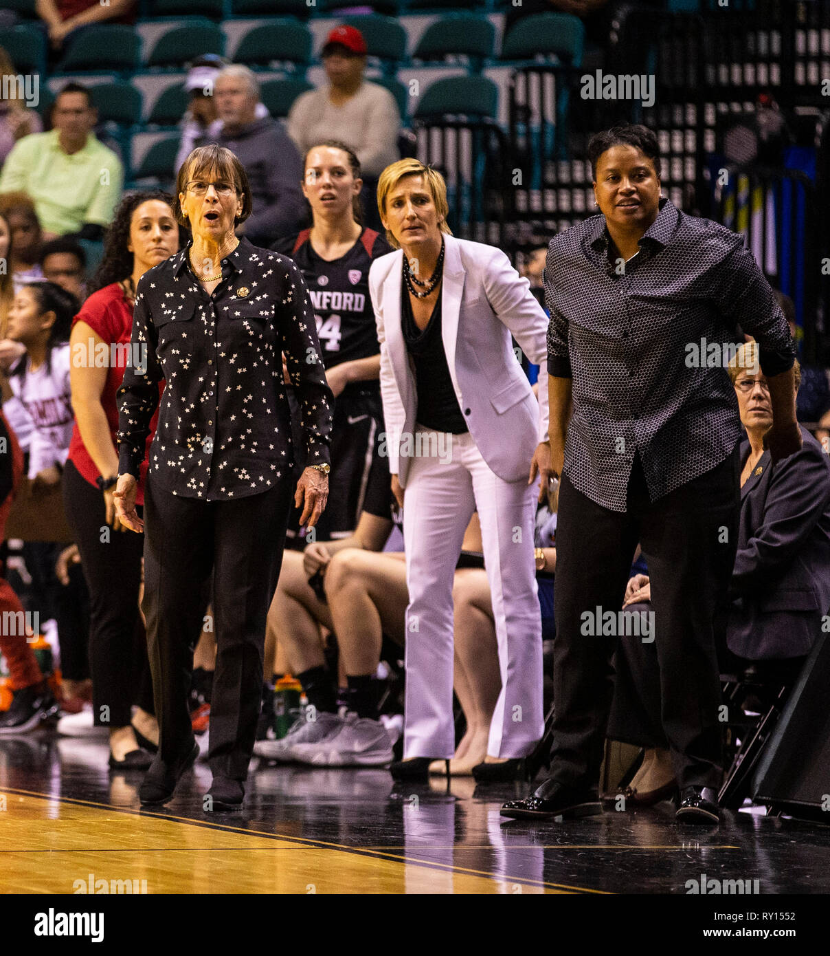 Mar 10 2019 Las Vegas, NV, . Stanford head coach Tara VanDerveer and  her coaching staff during the NCAA Pac 12 Women's Basketball tournament  championship between the Oregon Ducks and the Stanford