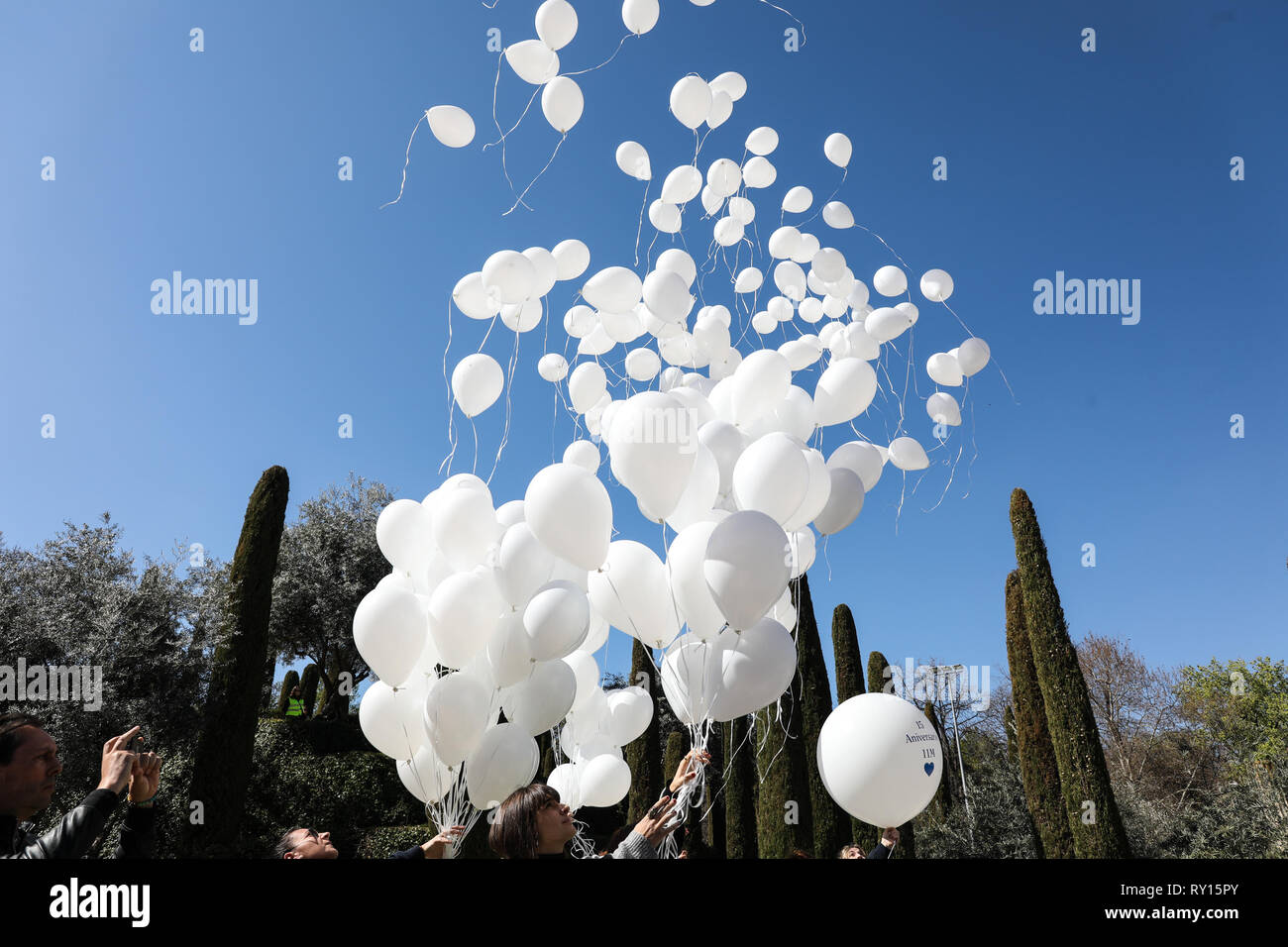 Madrid, Spain. 11th Mar 2019. The Association of Victims of Terrorism (AVT) has launched on Monday 192 white balloons in an act in the Forest of Memory of El Retiro Park in memory of the victims of the attacks of March 11, 2004, in the year in which they have been fifteen since the tragedy. Credit: Jesús Hellin/Alamy Live News Stock Photo