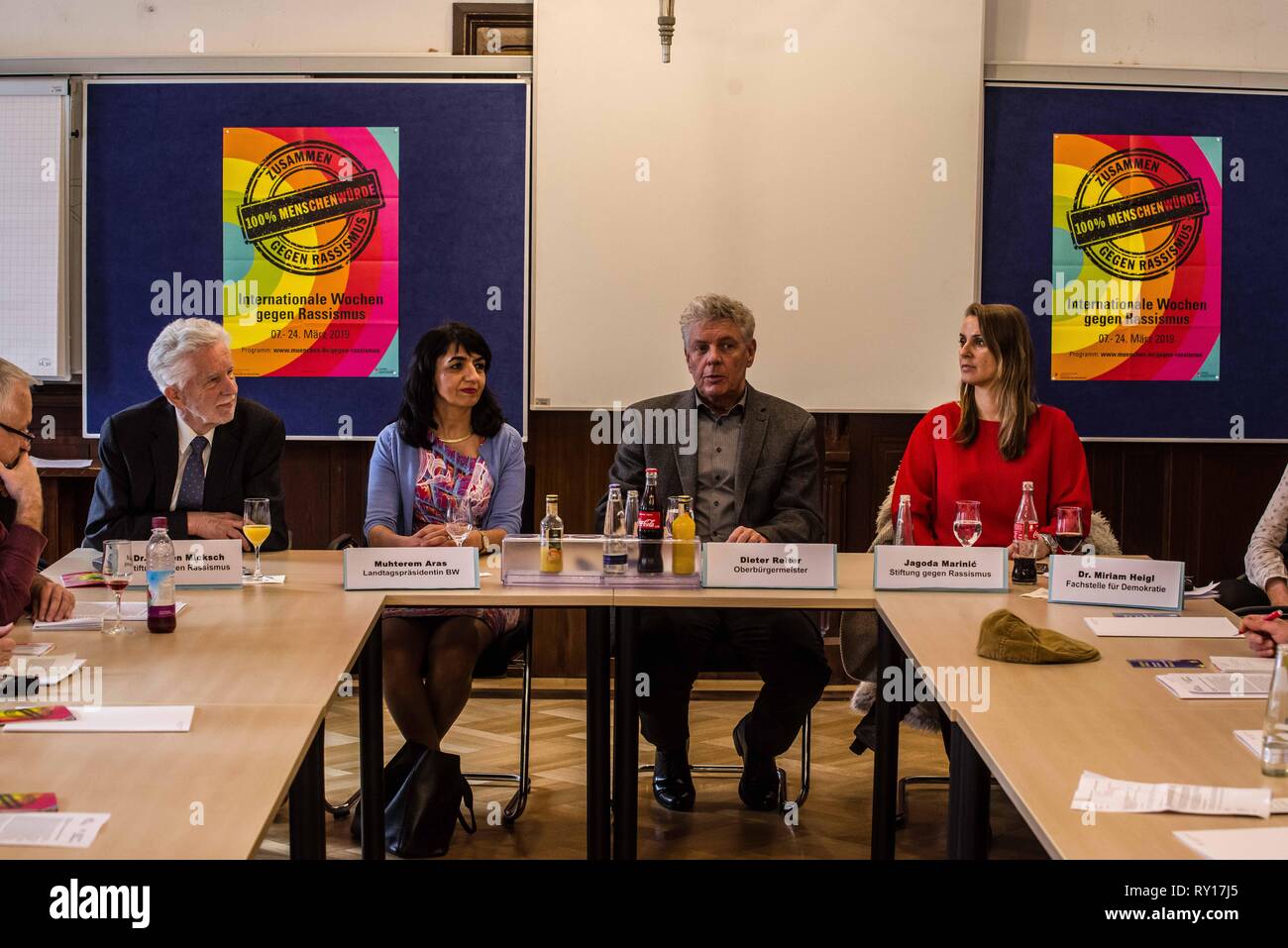 Munich, Bavaria, Germany. 11th Mar, 2019. L-R Dr. JUERGEN MICKSCH, Vorstand Stiftung gegen Rassismus, MUHTEREM ARAS, president of the Baden-Wuerttemberg Landtag and the Boschafterin der Internationalen Wochen gegen Rassismus 2019, DIETER REITER, Mayor (Oberbuergermeister) of the city of Munich, Germany, JAGODA MARINIC, author from the Stiftung gegen Rassismus. Munich Mayor Dieter Reiter held a press conference to kick off the start of the annual International Weeks Against Racism at the Munich Rathaus (City Hall). During this time, there is a high density of events, such as conferences, sem Stock Photo
