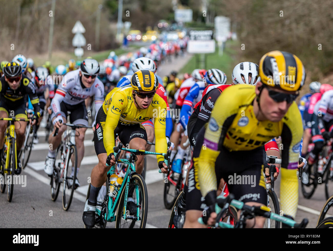 Les Granges-le-Roi, France - March 11, 2019: The Dutch cyclist Dylan Groenewegen of Jumbo-Visma Team riding in the peloton on Cote des Granges-le-Roi during the stage 2 of Paris-Nice 2019. Dylan won the first two stages of the race. Credit: Radu Razvan/Alamy Live News Stock Photo