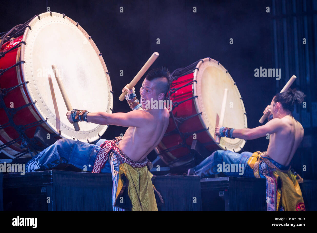 London, UK. 11 March 2019. Preview by Yamato, the Japanese taiko drumming  troupe, performing their newest work 'Passion'. The show opens to the  public at The Peacock theatre 12 to 31 March