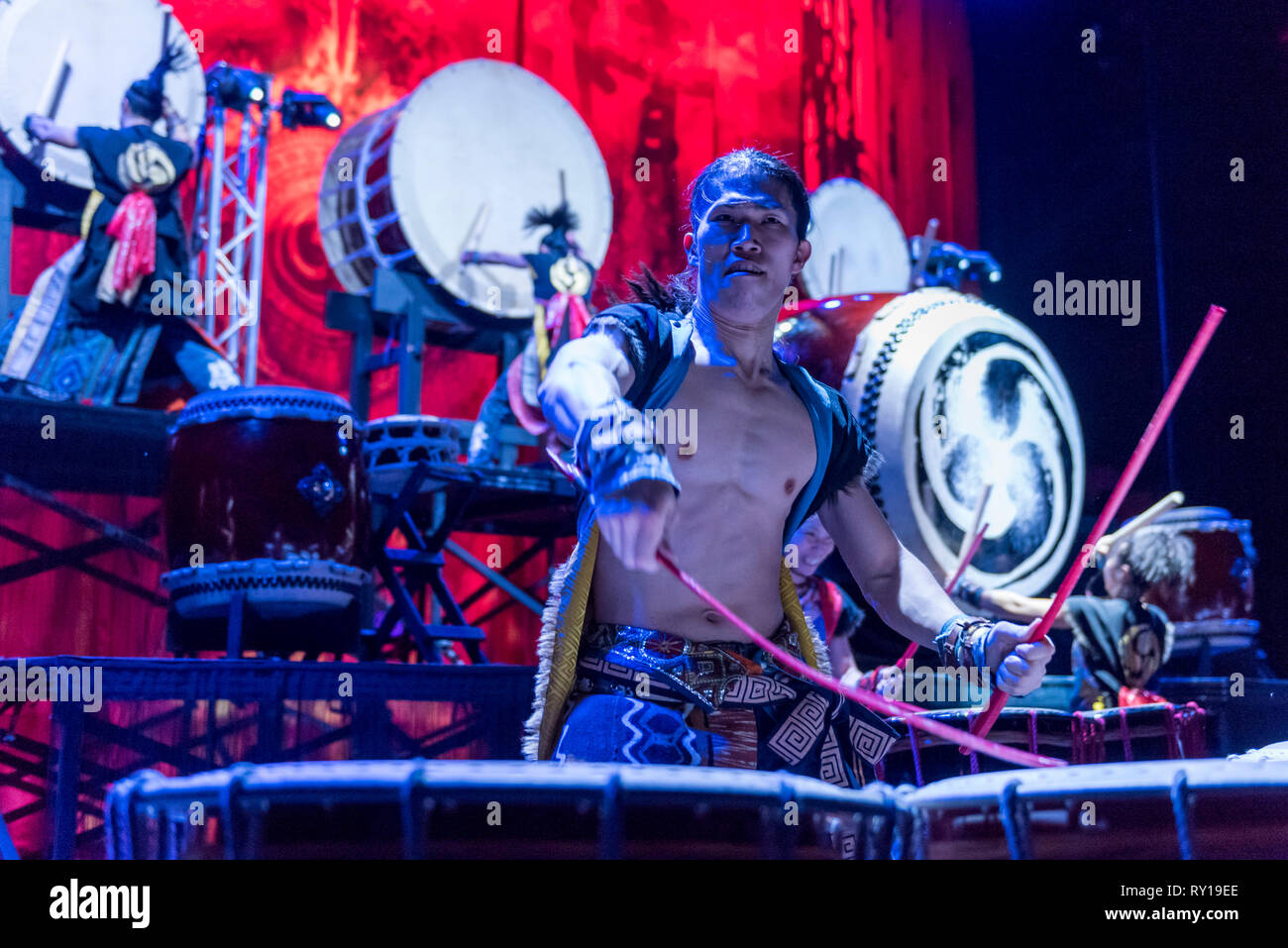 London, UK. 11 March 2019. Jun Kato, a member of Yamato, the Japanese taiko  drumming troupe, previewing their newest work 'Passion'. The show opens to  the public at The Peacock theatre 12