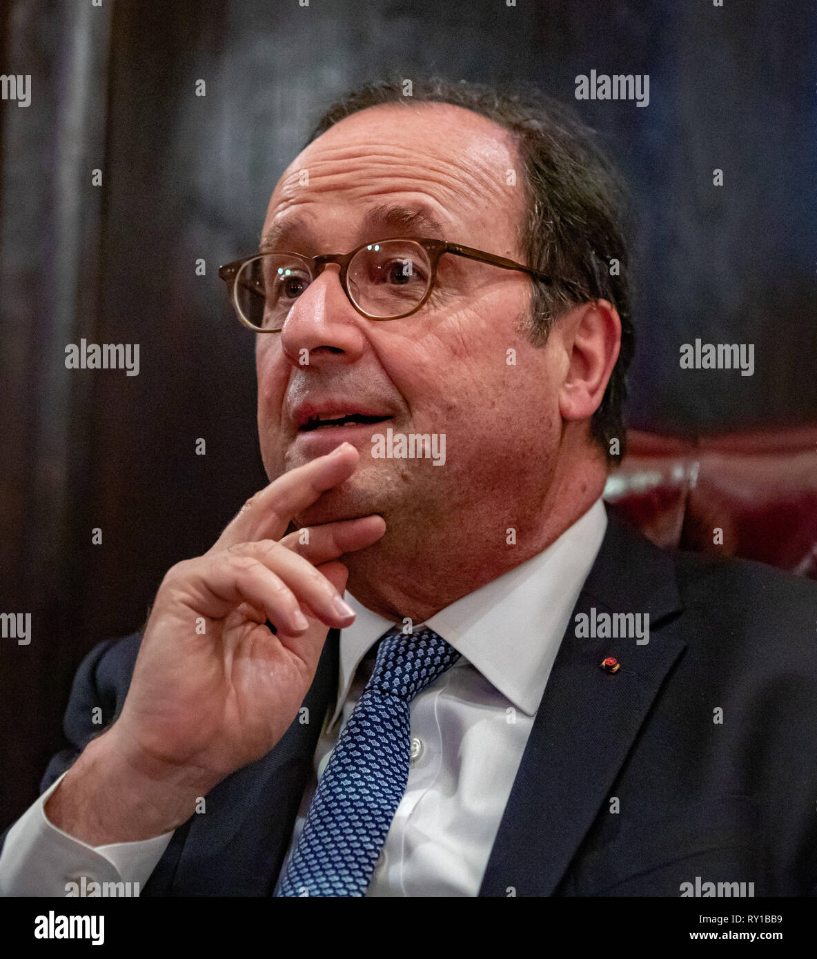 March 10, 2019, French Cultural Center, Boston, MA USA: Francois Hollande, former President of the French Republic speaking at a meet and greet reception at French Cultural Center. Stock Photo