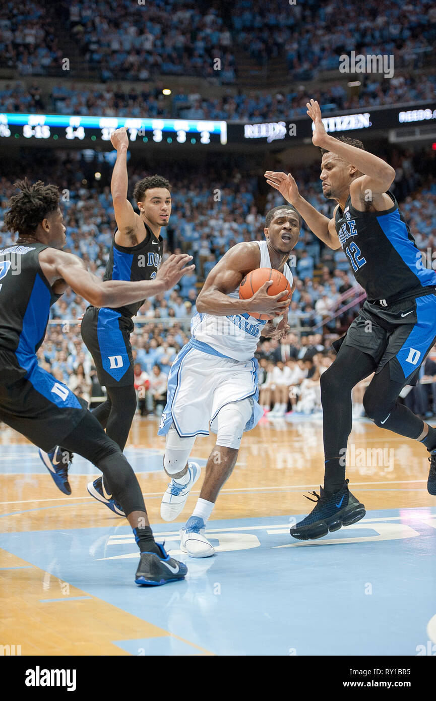 March 9, 2019 - Chapel Hill, North Carolina; USA - Carolina Tar Heels (24) KENNY WILLIAMS drives to the basket as the University of North Carolina Tar Heels defeated the Duke Blue Devils with a final score of 79-70 as they played mens college basketball at the Dean Smith Center located in Chapel Hill. Copyright 2019 Jason Moore. Credit: Jason Moore/ZUMA Wire/Alamy Live News Stock Photo