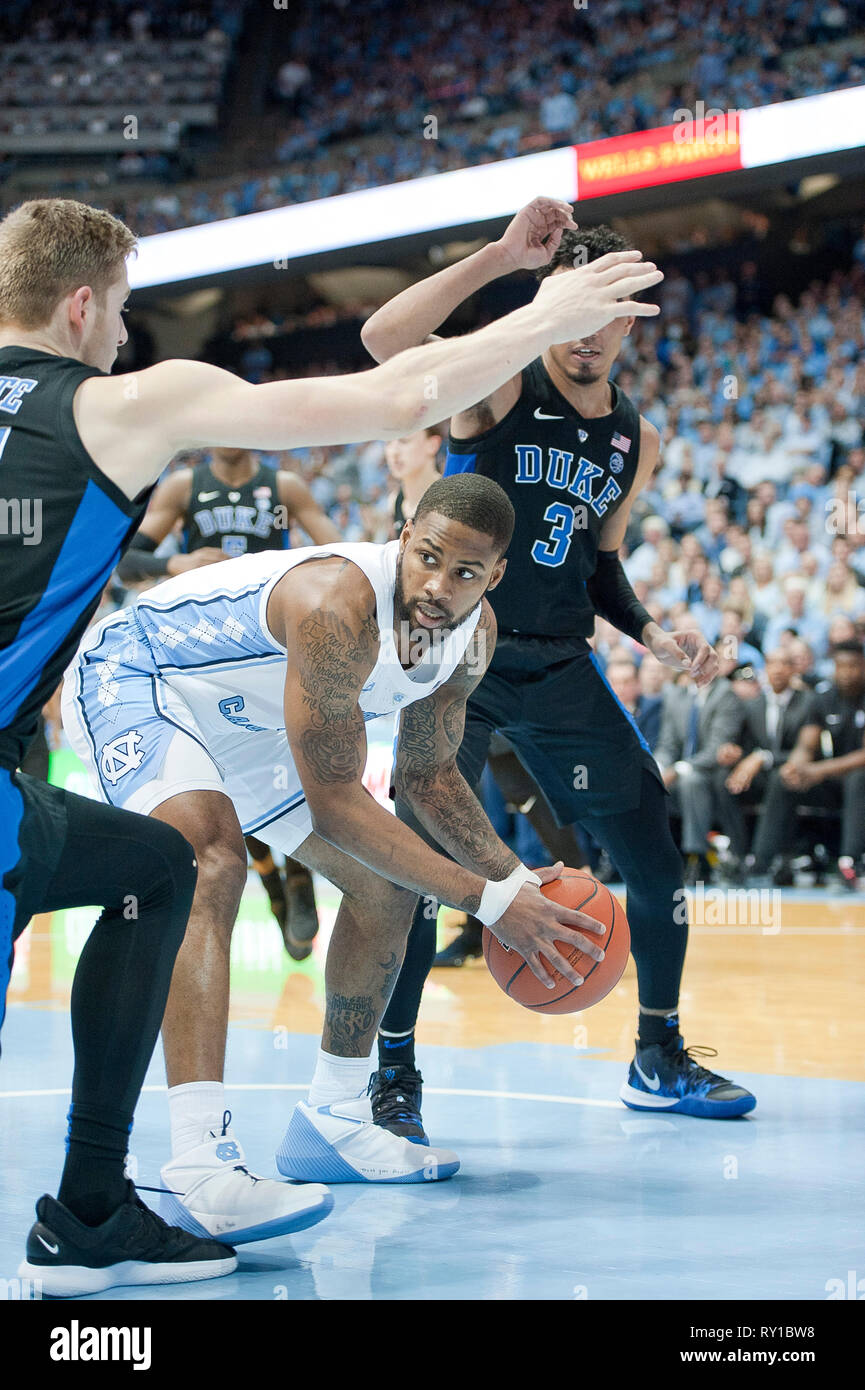 March 9, 2019 - Chapel Hill, North Carolina; USA - Carolina Tar Heels (0) SEVENTH WOODS drives to the basket as the University of North Carolina Tar Heels defeated the Duke Blue Devils with a final score of 79-70 as they played mens college basketball at the Dean Smith Center located in Chapel Hill. Copyright 2019 Jason Moore. Credit: Jason Moore/ZUMA Wire/Alamy Live News Stock Photo