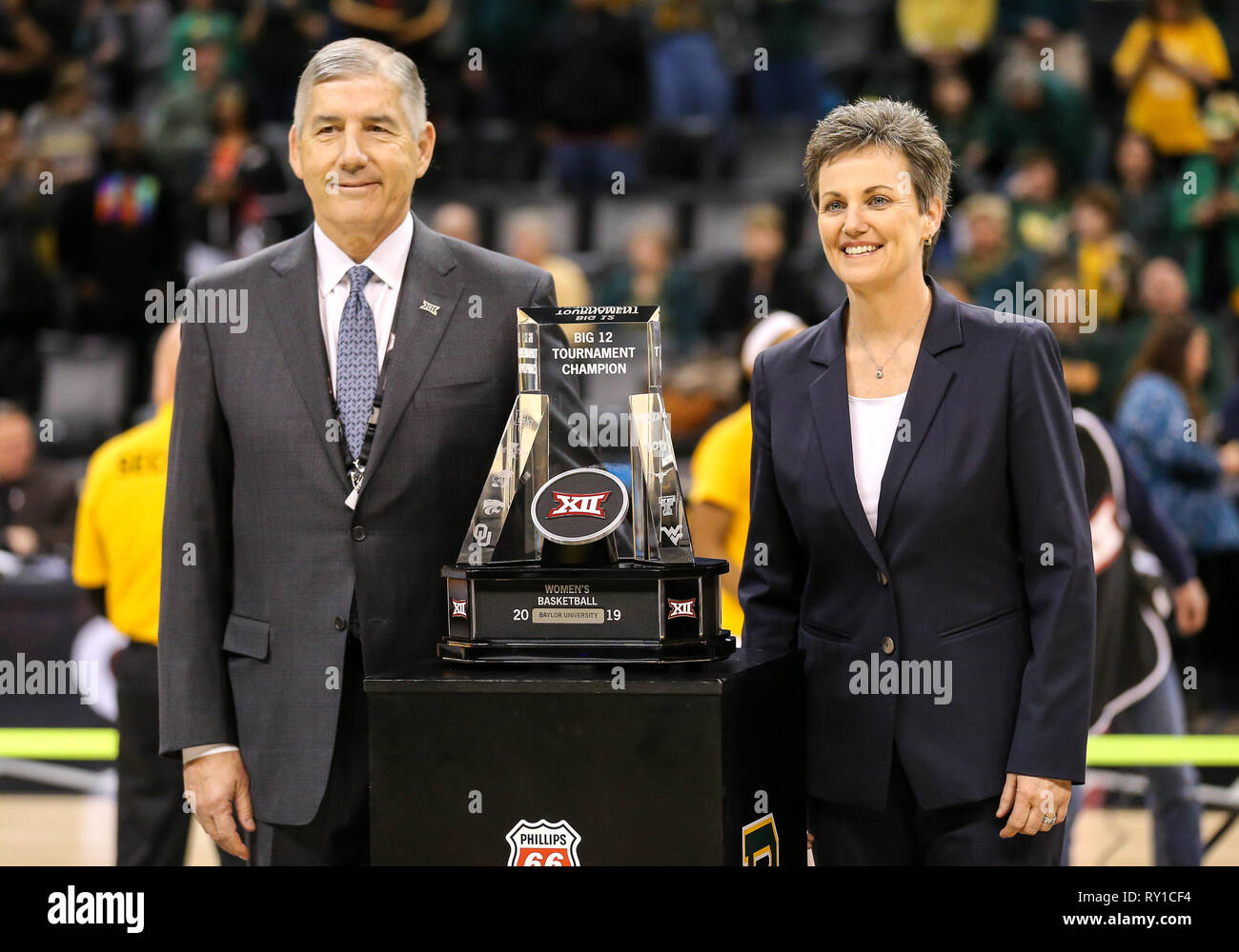 Oklahoma City, OK, USA. 11th Mar, 2019. The Phillips 66 Big 12 Womens Basketball Championship trophy presentation at Chesapeake Energy Arena in Oklahoma City, OK. Gray Siegel/CSM/Alamy Live News Stock Photo