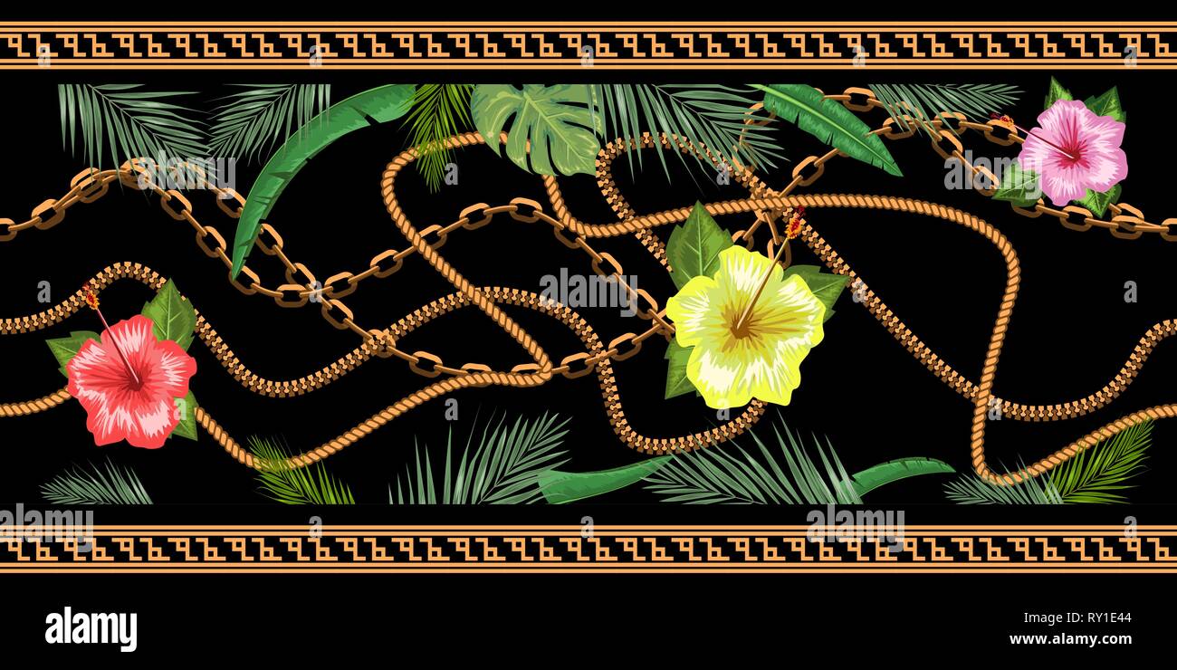 Horizontal chains seamless with tropical flowers. Horizontal seamless border. Vector illustration. Stock Vector