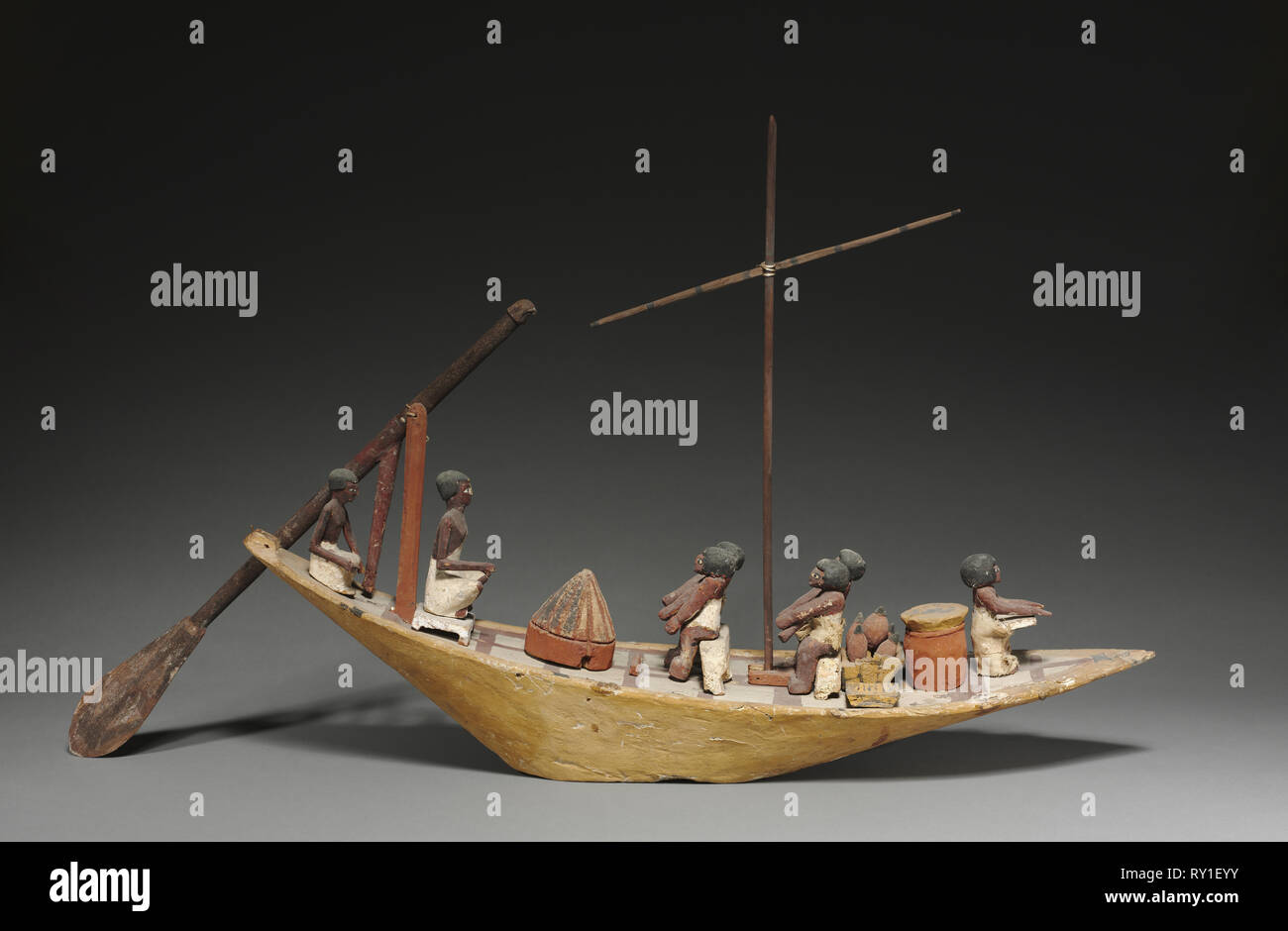 Model Boat, 2040-1648. Egypt, Late Dynasty 11 to Early Dynasty 12. Gessoed and painted sycamore fig; overall: 17.2 cm (6 3/4 in.); average: 10.4 cm (4 1/8 in Stock Photo