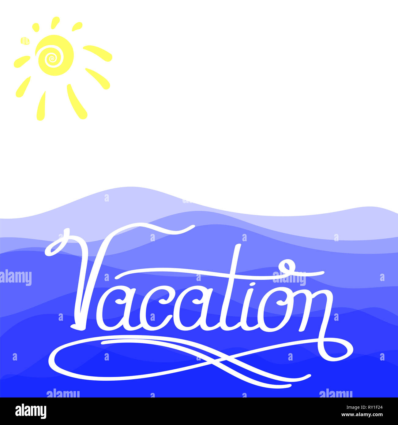 Lettering Vacation Text with Sea and Su. Hand Sketched Vacation Typography Sign for Icon, Banner, Postcard, Poster Stock Photo
