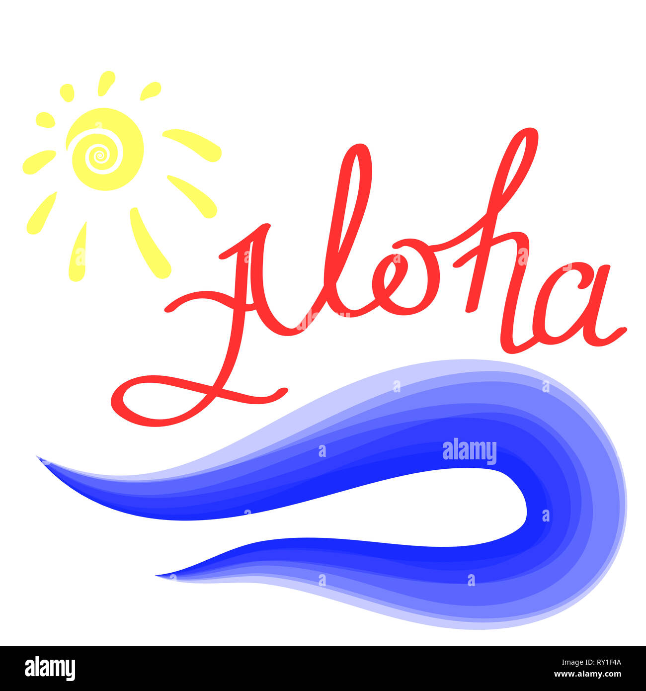 Lettering Aloha Text with Sea and Sun. Hand Sketched Aloha Typography Sign for Badge, Icon, Banner, Tag, Illustration Stock Photo
