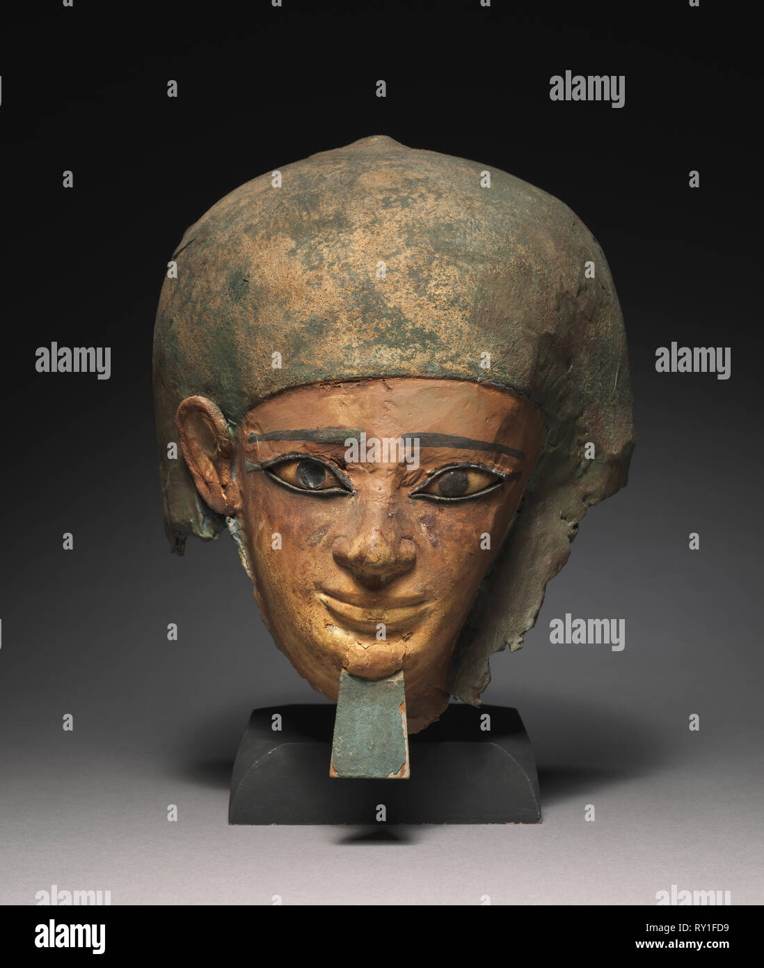 Mummy Mask of Senbi, 1980-1801 BC. Egypt, Meir, Middle Kingdom, Dynasty 12, 1980-1801 BC. Cartonage, wood, limestone, obsidian, paint; overall: 30.5 x 29.2 x 27.6 cm (12 x 11 1/2 x 10 7/8 in Stock Photo