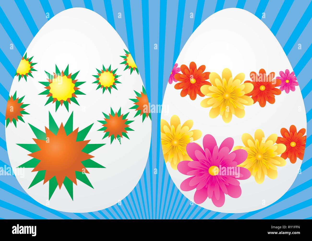 Two white eggs decorated for Easter holiday celebrations, vector illustration Stock Vector