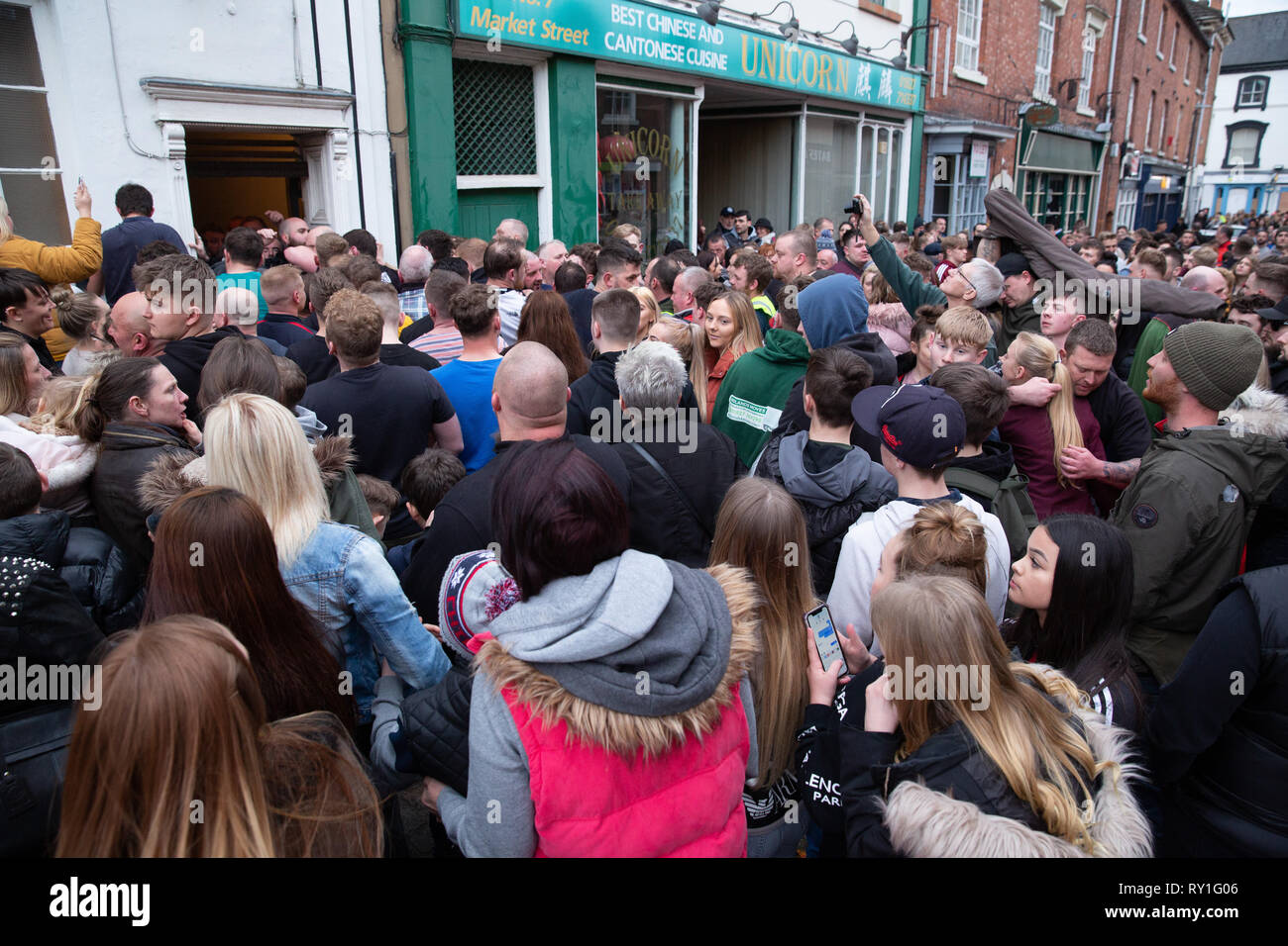 People celebrating at the end of the Atherstone ball game 2019 Stock Photo