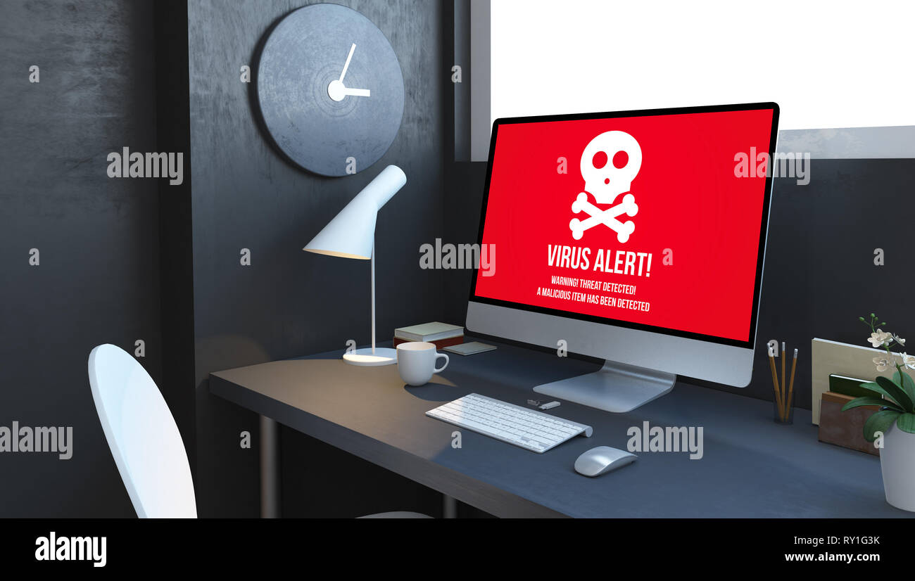 computer with nvirus alert on desktop at navy room 3d rendering Stock Photo