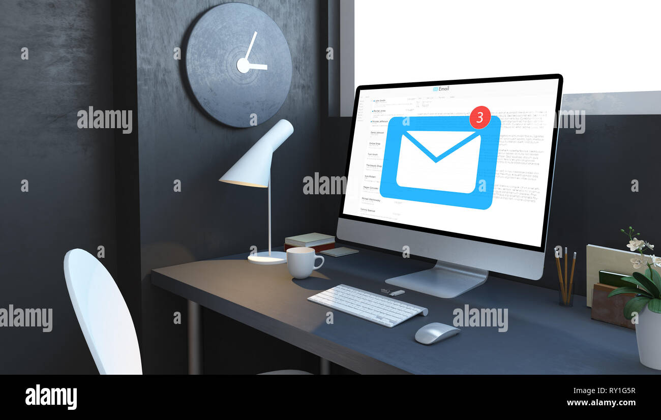 computer with email on desktop at navy room 3d rendering Stock Photo