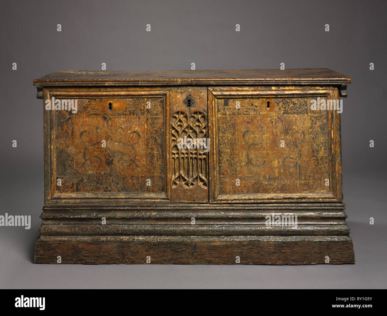 Gothic Marriage Chest, c. 1500. Spain, Catalonia, Barcelona(?), early 16th century. Wood with painting and gilding; overall: 71.8 x 127 x 55.9 cm (28 1/4 x 50 x 22 in Stock Photo