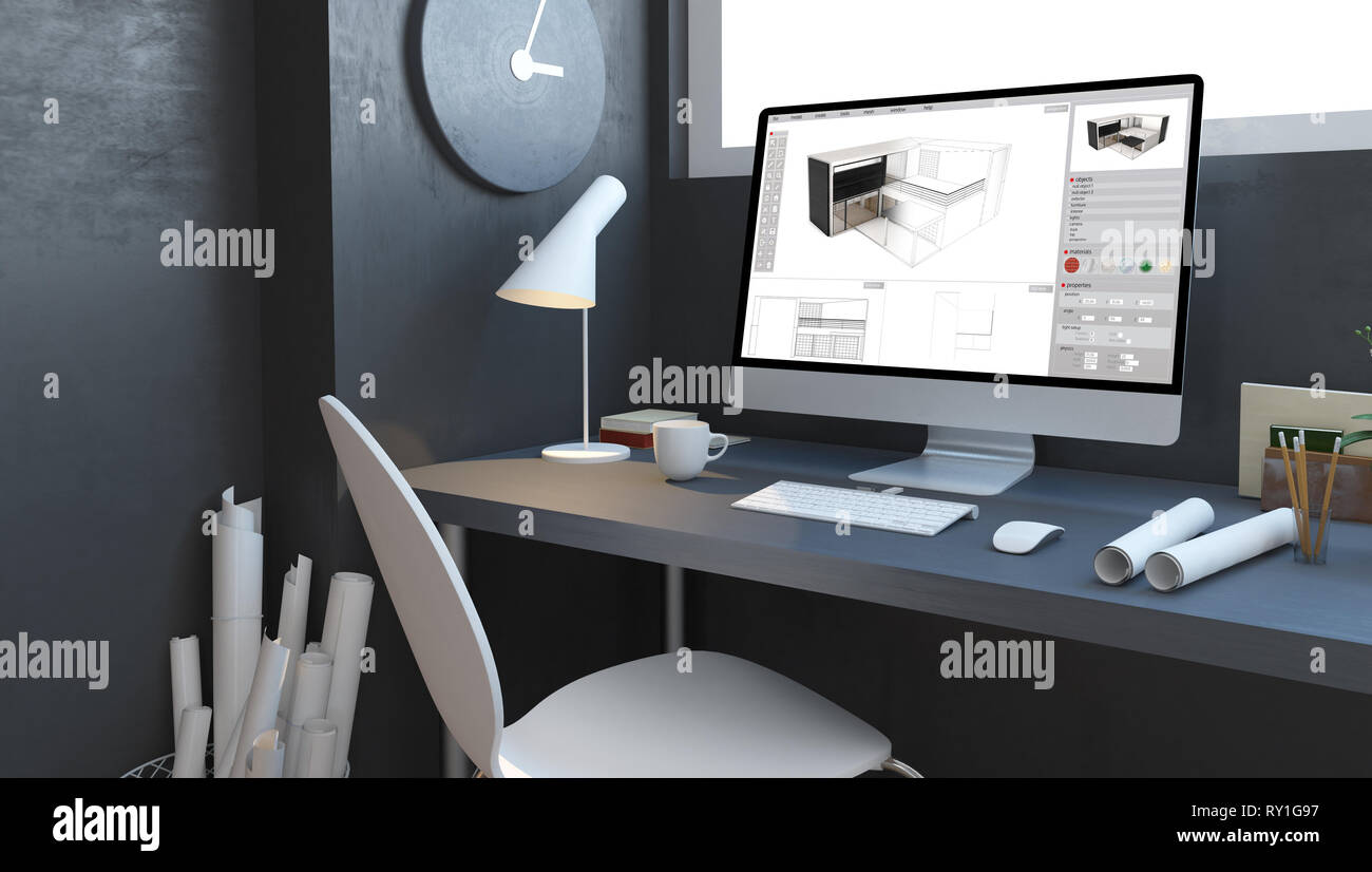 architect studio with computer 3d rendering house design Stock Photo