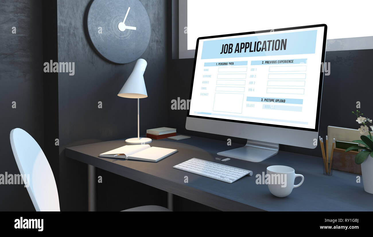 job application at computer  desktop in navy blue 3d rendering mockup Stock Photo