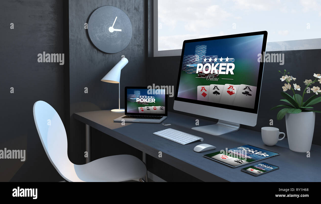 Navy blue workspace with responsive devices 3d rendering poker responsive design website Stock Photo