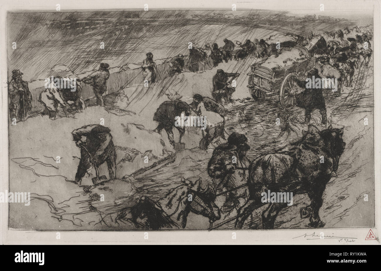Combat contre la Neige, Quai aux Fleurs, 1890. Auguste Louis Lepère (French, 1849-1918). Etching Stock Photo