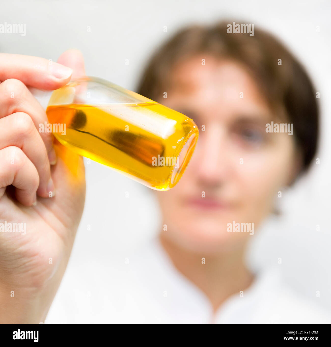 Production of ' Bio Planete ' organic oil, oil factory ' Moog ' in Bram (south of France). Oil quality tested in the laboratory. Stock Photo