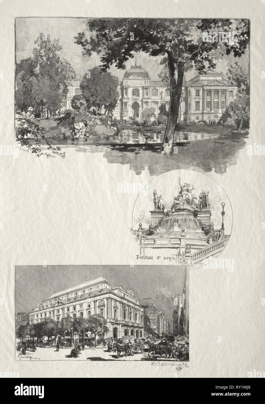 Rouen Illustré:  La Musée; Fontaine St. Marie; Le Théâtre des Arts, 1896. Auguste Louis Lepère (French, 1849-1918). Wood engraving Stock Photo