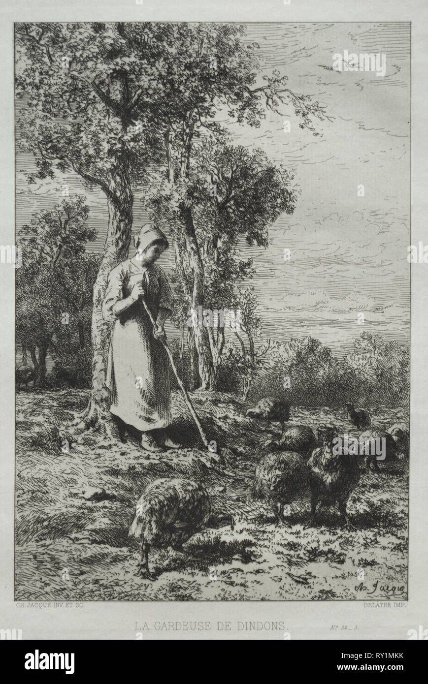 La Gardeuse de Dindons. Charles-Émile Jacque (French, 1813-1894). Etching Stock Photo