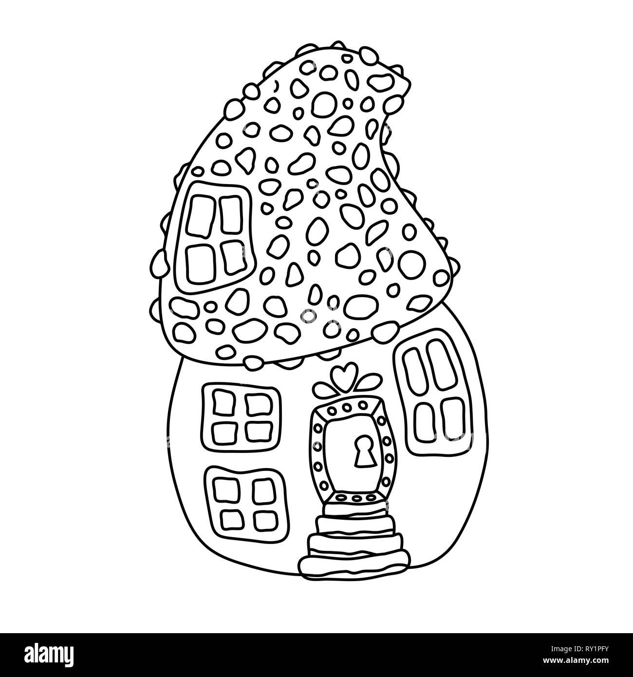 Mushroom house hand drawn vector illustration. Fairy composition outline drawing. Childrens ink pen sketch. Black and white fairytale doodle clipart. Isolated coloring book, linear design element Stock Vector