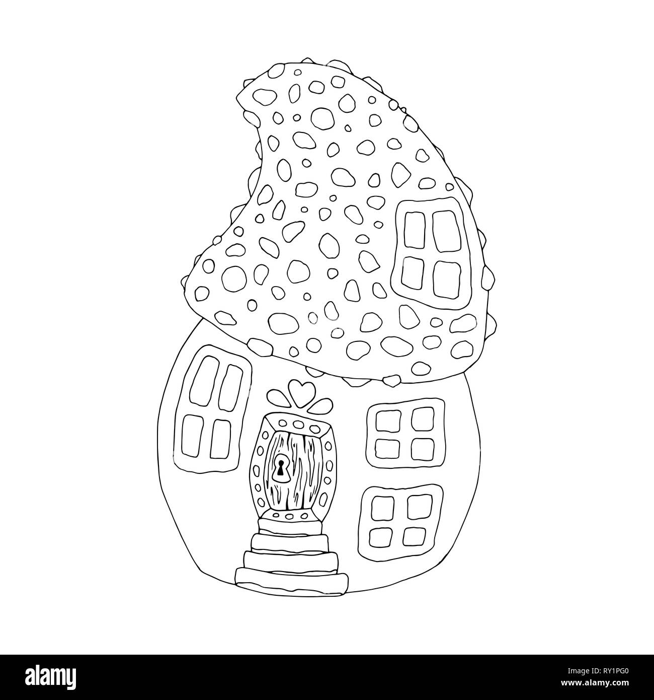 Mushroom house hand drawn vector illustration. Fairy composition outline drawing. Childrens ink pen sketch. Black and white fairytale doodle clipart. Isolated coloring book, linear design element Stock Vector