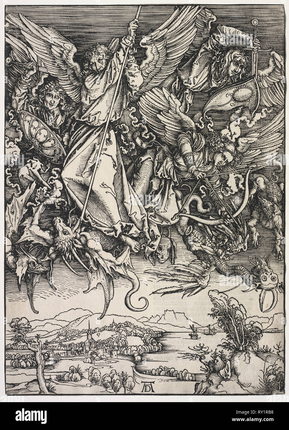 Revelation of St. John: St. Michael fighting the Dragon, 1511. Albrecht Dürer (German, 1471-1528). Woodcut; sheet: 39.2 x 28.2 cm (15 7/16 x 11 1/8 in.); mat size: 48.9 x 36.3 cm (19 1/4 x 14 5/16 in Stock Photo
