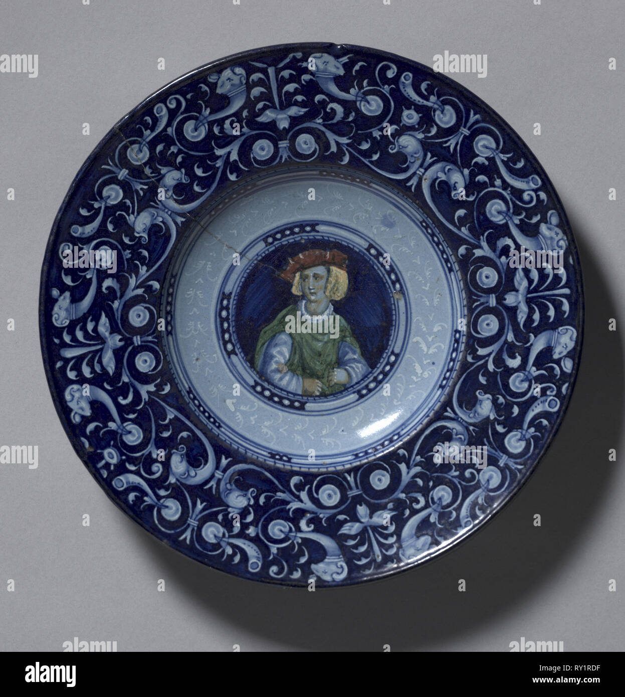 Plate, c. 1525-1530. Casa Pirota (Italian). Tin-glazed earthenware (maiolica); diameter: 28.1 cm (11 1/16 in Stock Photo