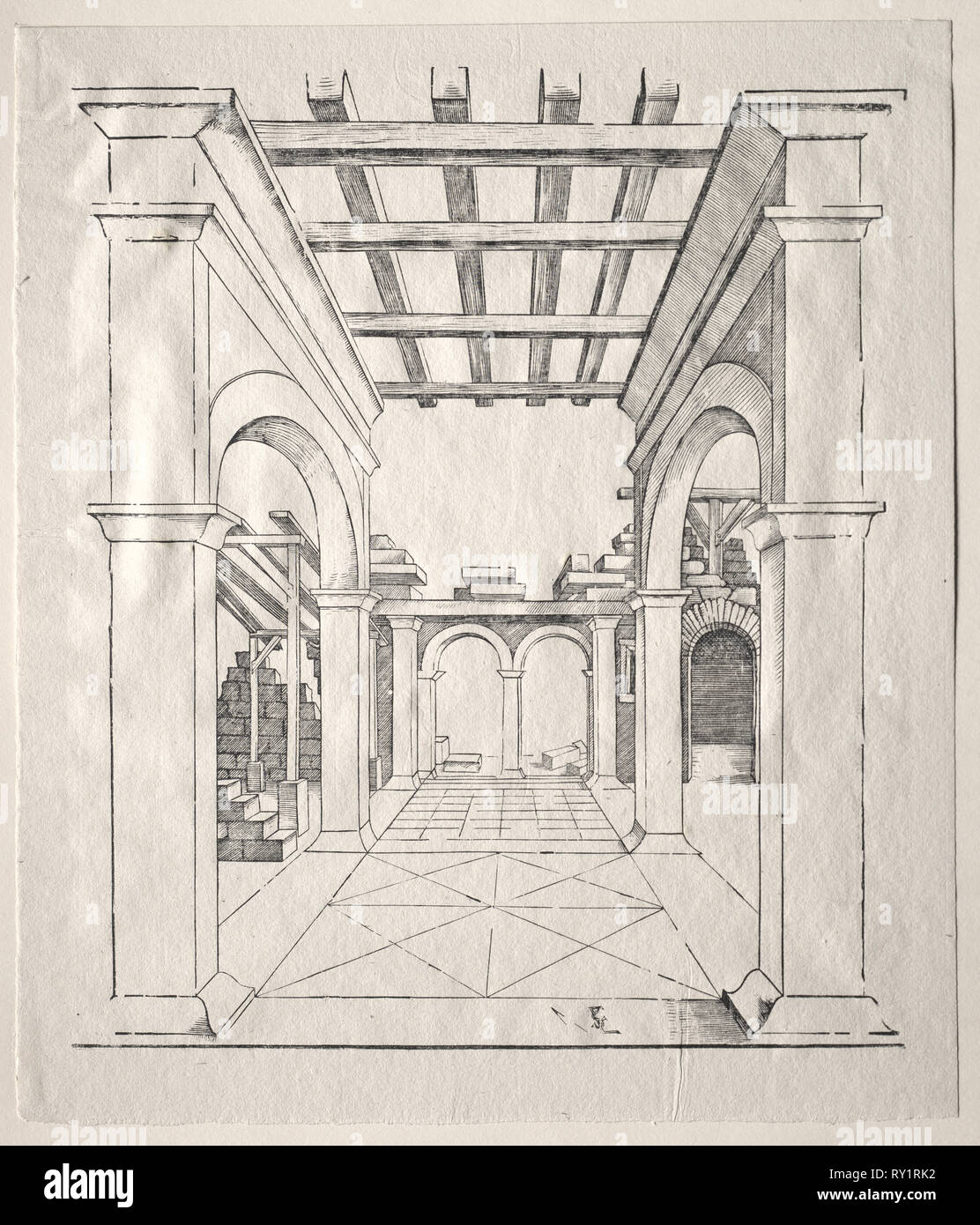 A Portico. Erhard Schön (German, c. 1491-1542). Woodcut Stock Photo