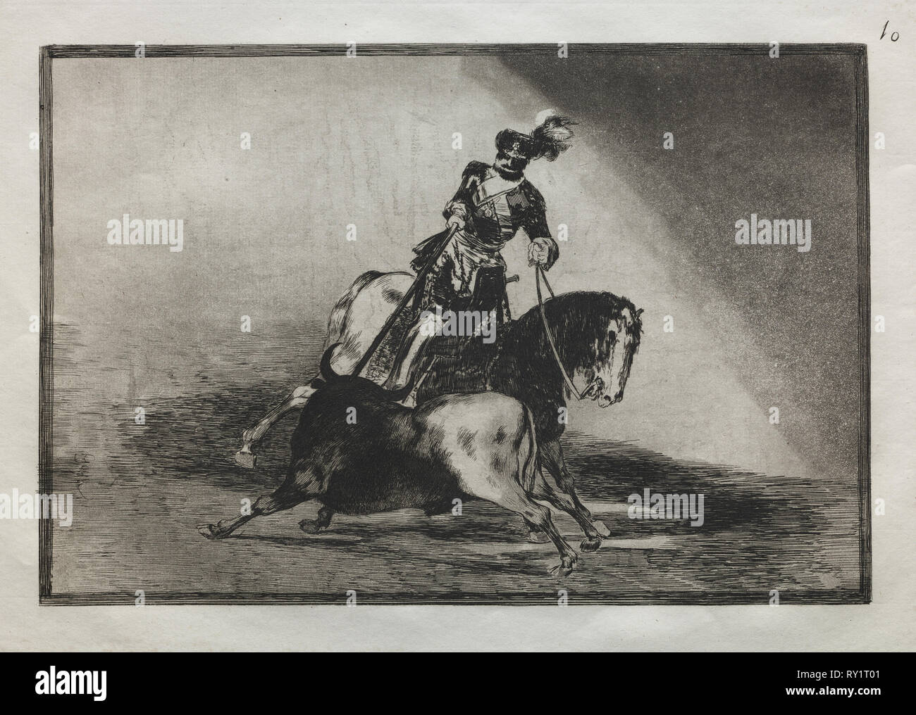 Bullfights:  Charles V spearing a bull, 1876. Francisco de Goya (Spanish, 1746-1828). Engraving Stock Photo