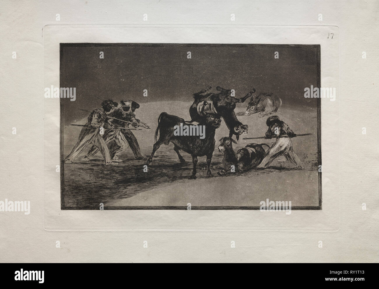 Bullfights:  The Moors Use Donkeys as a Barrier to Defend Themselves Against the Bull Whose Horns Have Been Tipped with Balls, 1876. Francisco de Goya (Spanish, 1746-1828). Engraving Stock Photo