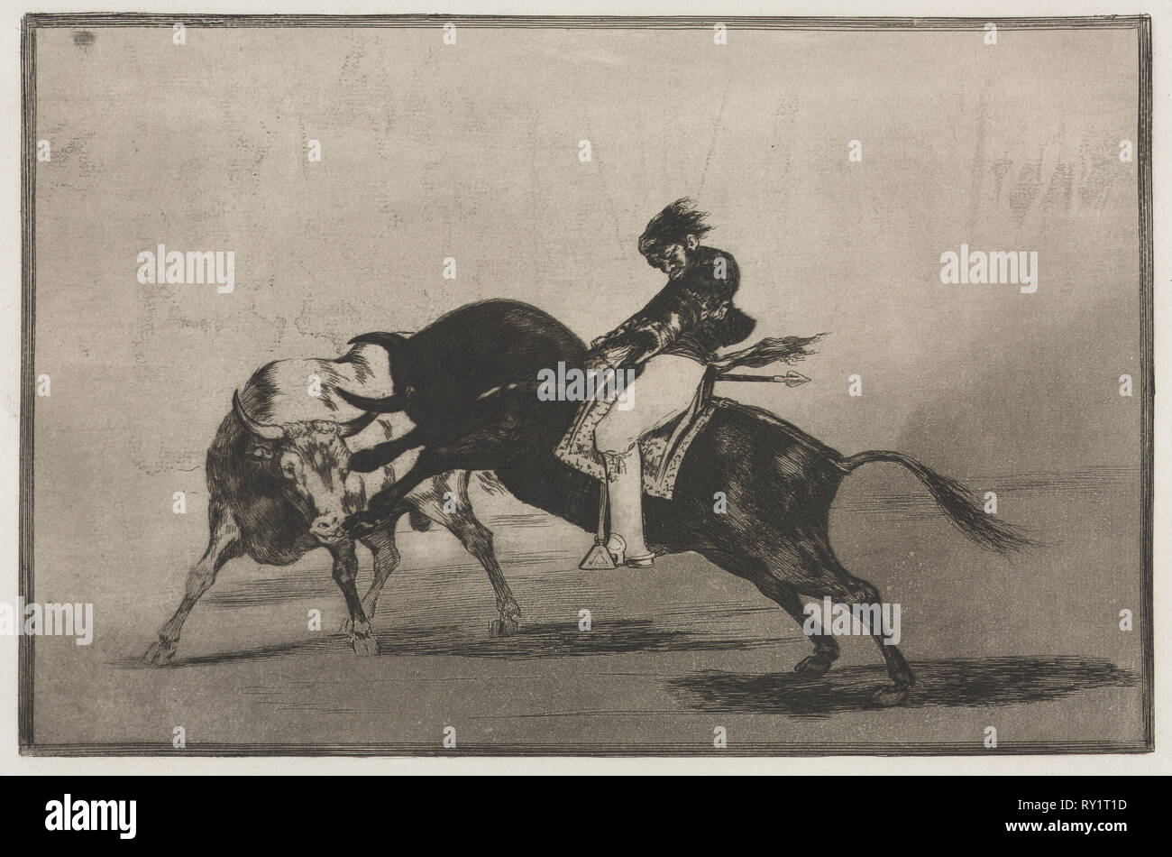 Bullfights:  The Same Ceballos Mounted on Another Bull Breaks Short Spears in the Ring at Madrid, 1876. Francisco de Goya (Spanish, 1746-1828). Engraving Stock Photo