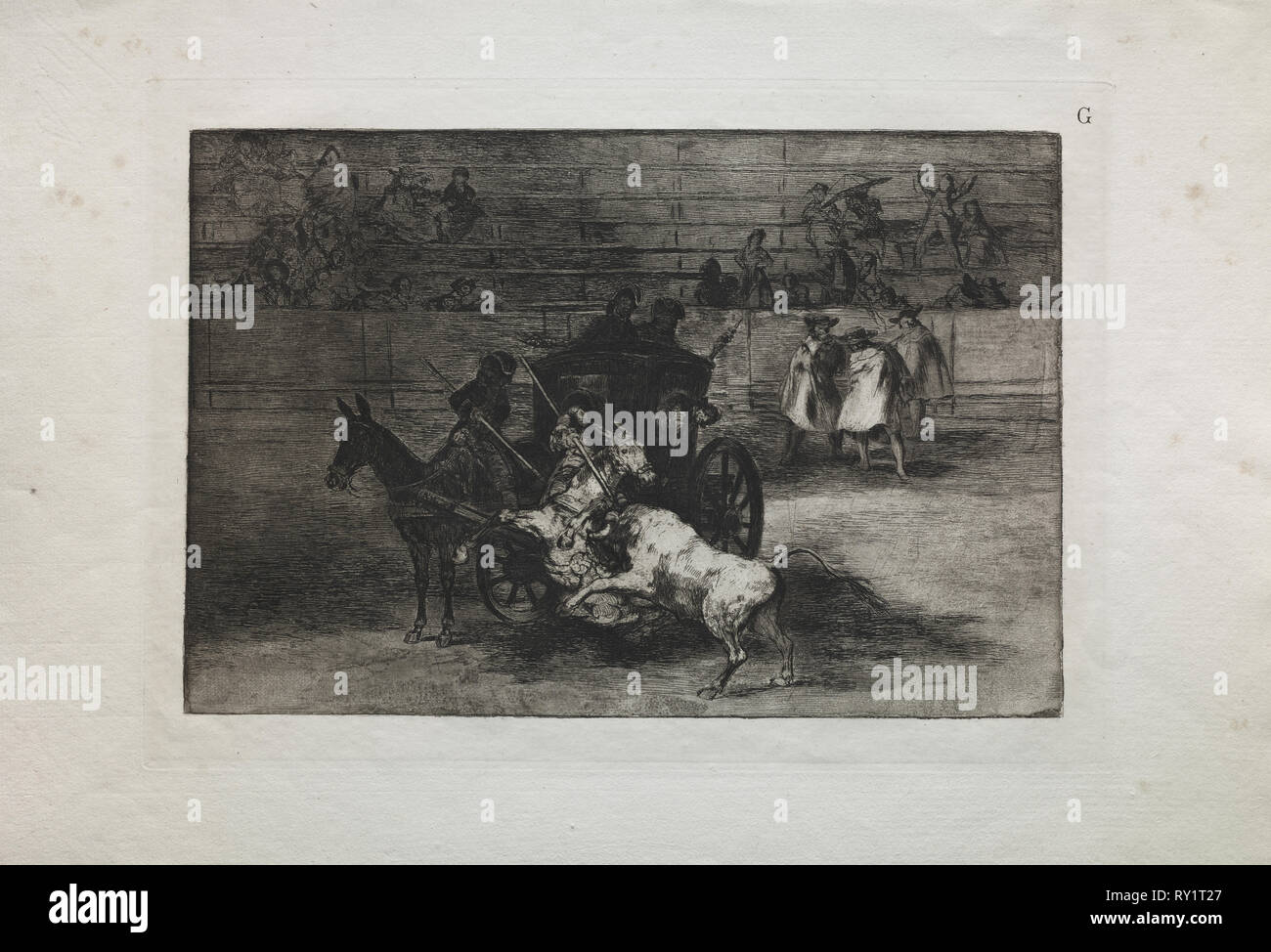 Bullfights:  Fight in a Carriage Harnessed to Two Mules, 1876. Francisco de Goya (Spanish, 1746-1828). Engraving Stock Photo