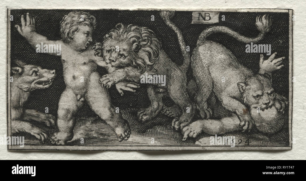 Fighting Chimeras and Scenes to Aesop's Fables: Lions Attacking Children, 1594. Nicolaes de Bruyn (Netherlandish, 1571-1656), A. van Londerseel. Engraving; sheet: 2.8 x 5.7 cm (1 1/8 x 2 1/4 in Stock Photo