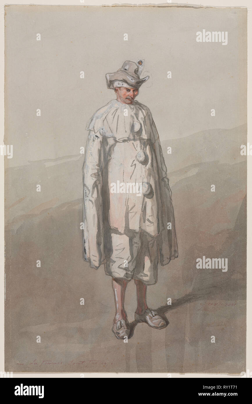 Pierrot. Paul Gavarni (French, 1804-1866). Brush and gray and red wash heightened with white Stock Photo