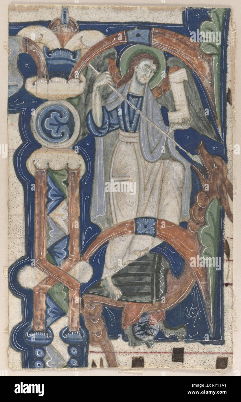 Historiated Initial (P) Excised from a Choral Book: St. Michael and the Dragon, early 1200s. North Italy, Lombardy, 13th century. Ink and tempera on parchment; sheet: 16 x 10 cm (6 5/16 x 3 15/16 in Stock Photo