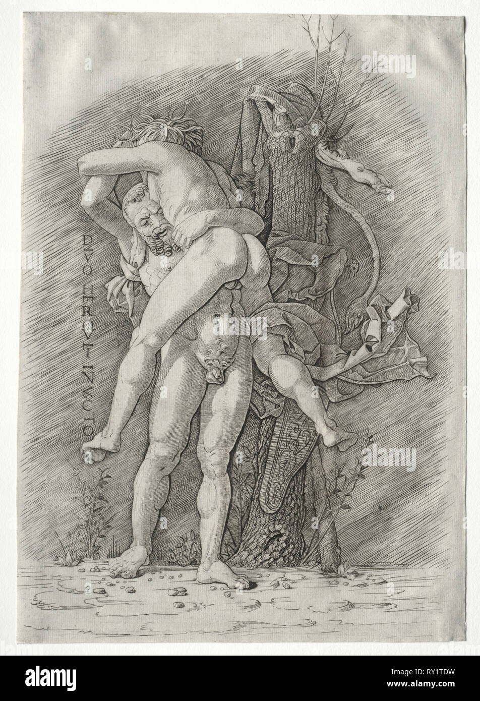 Hercules and Antaeus, 1400s. School of Andrea Mantegna (Italian, 1431-1506). Engraving Stock Photo