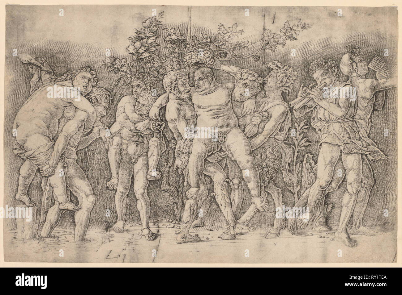 Bacchanal with Silenus. Andrea Mantegna (Italian, 1431-1506). Engraving Stock Photo