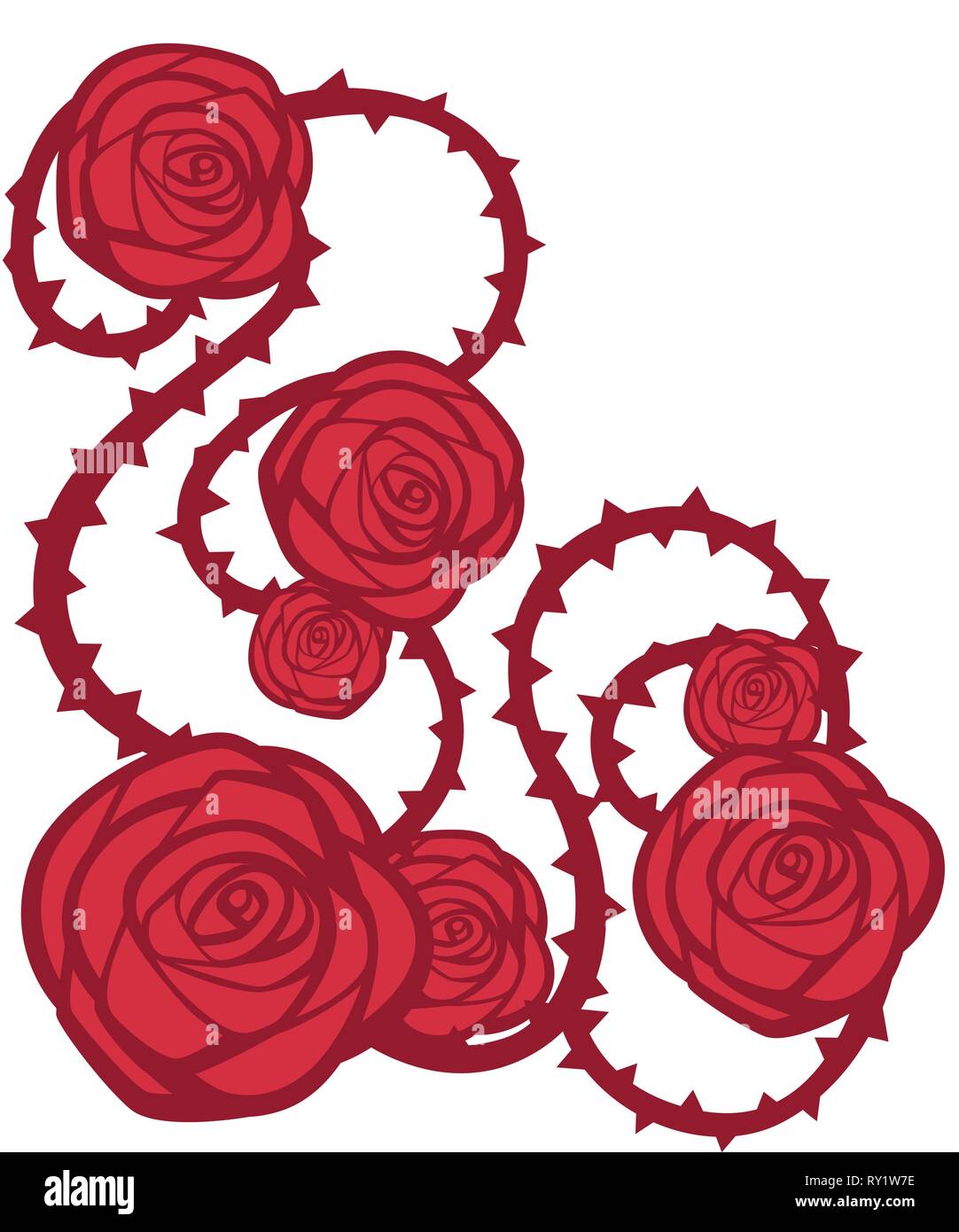 Pattern of red rose with thorns. Floral greetings card design. Flat vector illustration on white background. Stock Vector